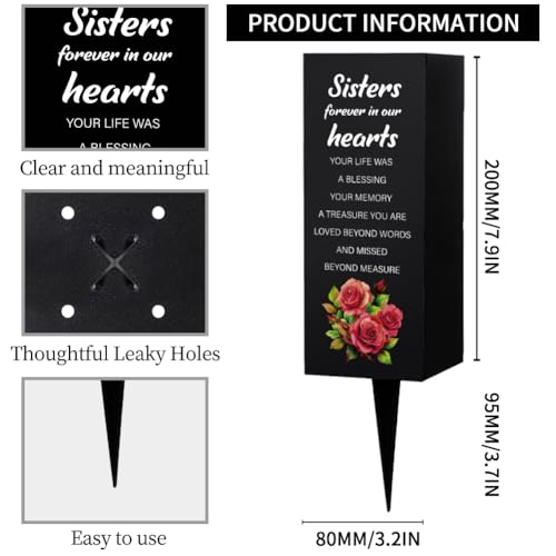 WEBEEDY Grave Vases with Spike Sisters Memorial Cemetery Vase Rose Bush Grave Decoration for Cemetery Memorial Gift Metal Graves Flower Holder for Funeral (Sister Forever in Our Heart),1 pc (3x8 Inch)