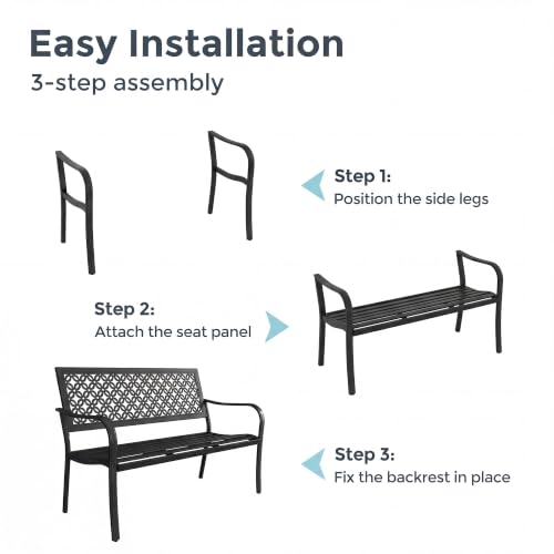 Grand patio 50" Outdoor Bench, Garden Bench with Armrests, Black | Anti-Rust Metal Powder Coated Frame, Patio Bench for Front Porch Park Outside Furniture - color: Black