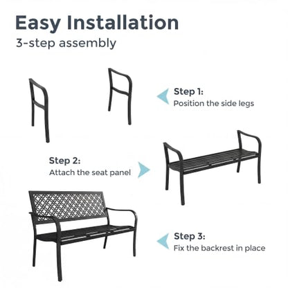 Grand patio 50" Outdoor Bench, Garden Bench with Armrests, Black | Anti-Rust Metal Powder Coated Frame, Patio Bench for Front Porch Park Outside Furniture - color: Black