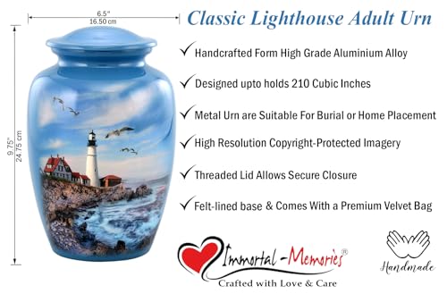 Lighthouse Urn - Full Size Portland Head Lighthouse Cremation Urn – Adult Urns for Men and Women – Ocean Blue Funeral and Memorial Urns for Human Ashes Upto 210 Lbs with Velvet Bag (Large)