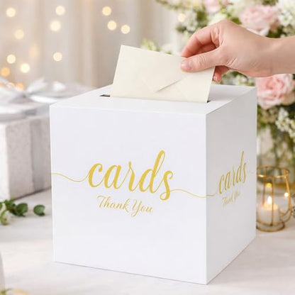 Wedding Card Box with Slot White Gold 7.8 in Baby Shower Party | Graduation, Birthday, Bridal Shower, Wedding Reception, Holds Cards & Envelopes, Gift Cards, Easy Assembly, Folds Flat - color: WhiteGoldThanks