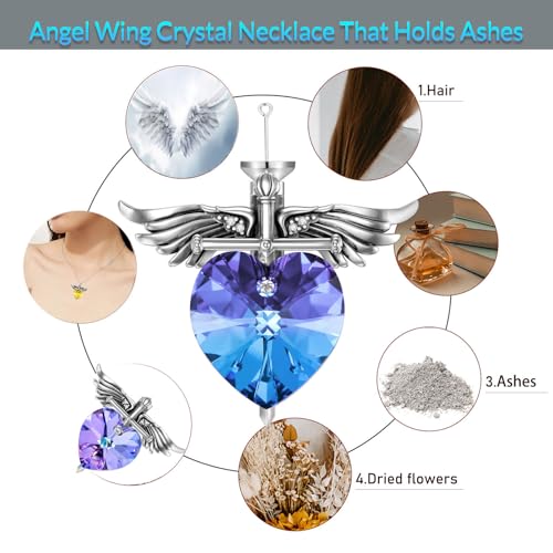 SOULMEET Memorial Wings Necklace for Ashes with Large Heart Crystal Birthstone, Angel Wings Urn Necklaces with Heart Shaped Birthstone Keepsake Silver Cremation Jewelry - style: B-February