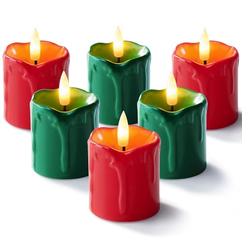Homemory 2"x 2" Red & Green 6 Hour Timer Flameless Votive Candles, 6 Pack | Battery operated, 400+ hours runtime, flickering flame, 3d wick fake candle for christmas winter holiday & wreath decor - color: Green & Red