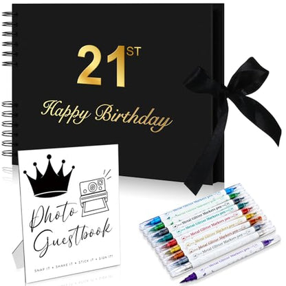 AmazingSpark Birthday Guest Book Set Memory Photo Guest Book Black Gold Decoration Birthday Gift for Men Women Wood Signature Photoprop Party Supply Sign Picture Album for Party Event (21 st) - size: 21 st