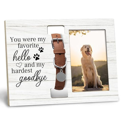 Pet Cat Dog Memorial Loss Gifts Picture Photo Frame with Collar Holder for 4x6 Photos, You Were My Favorite Hello and My Hardest Goodbye - color: white