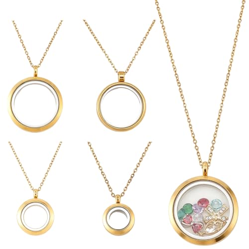 4 Size 8Pcs 4 Sets Real 18K Gold Plated Floating Charm Locket Necklace Round Memory Locket Stainless Steel Clear Glass Photo Pendant Living Picture Keepsake Necklace for Women Friendship DIY - style: 4 sizes gold