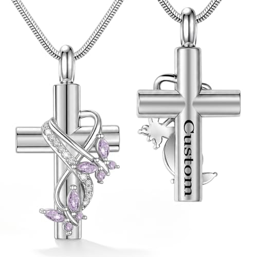 XIUDA Butterfly Cross Urn Necklace for Ashes with Crystal Stainless Steel Cremation Jewelry Memorial Keepsake Ashes Pendant for Human Ashes for Women - color: Silver-Custom
