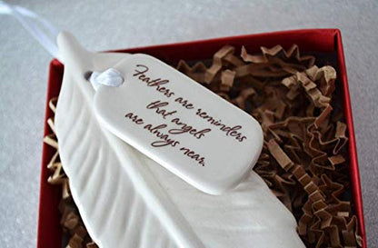 Ceramic Feather Ornament - Sympathy Gift to Remember Angels - color: Feathers Are Reminders That
