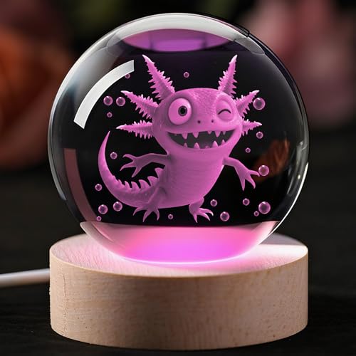 3D Axolotl Crystal Ball Night Light 2.36 inch Crystal Night Light with Wooden Base 16 Colors Change, Glass Figurine Lamp Gift for Birthday Xmas for Room Decor Boys Girls Wife Girlfriend Mom - color: Axolotl - 2.36"