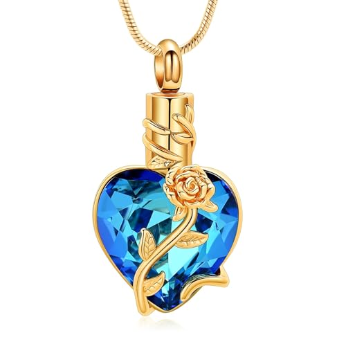 Heart Birthstone Urn Necklaces for Ashes Roseflower Cremation Memorial Ashes Pendant for Men Women Pet/Loved One Keepsakes Cremation Jewelry - color: Gold blue