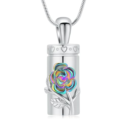 Rose Urn Necklace for Ashes for Women/Men Flower Cremation Pendant Memorial Keepsake Jewelry Gift for Loved One - color: Silver-rainbow