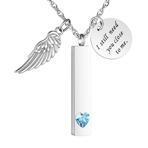 XIUDA Cremation Jewelry for Ashes with Angel Wing Charm Vertical Bar Urn Necklace Stainless Steel Memorial Keepsake Pendant for Women - color: Lake Blue