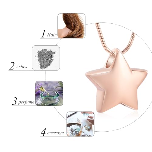 memorial jewelry Small Star Charm Cremation Urn Pendant Ashes Memorial Necklace for Woman Free Filling Kits Include - color: Rose Gold