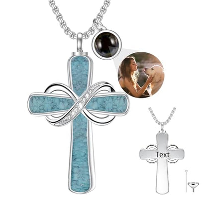 Turquoise Cross Urn Necklaces for Human Ashes 925 Sterling Silver Urn Necklaces Cremation Keepsake Memorial Pendant Necklace for Ashes for Loved One Human Pet - style: Infinity-Text&photo