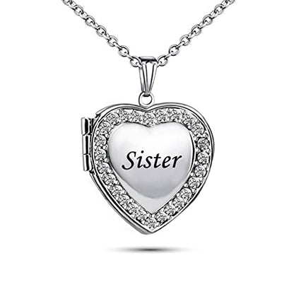KunBead Women's Love Heart Photo Locket Necklace with Picture inside Jewelry Pendant Necklace for Auntie Friend Dad Daughter Granddaughter Nana Sister Wife Mom Grandma - style: Sister