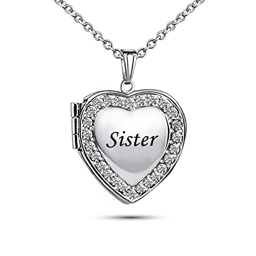 KunBead Women's Love Heart Photo Locket Necklace with Picture inside Jewelry Pendant Necklace for Auntie Friend Dad Daughter Granddaughter Nana Sister Wife Mom Grandma - style: Sister