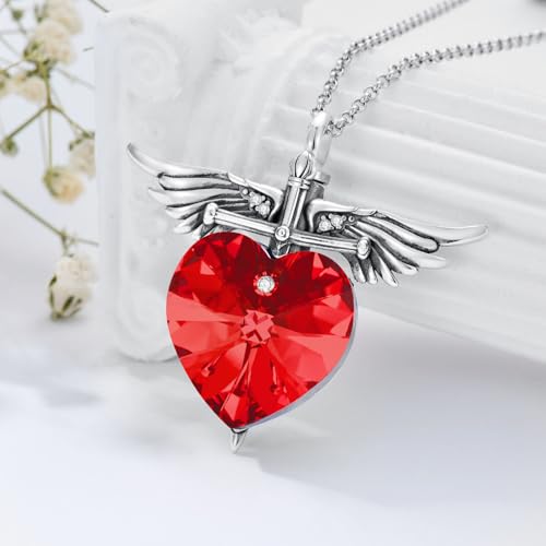 SOULMEET Memorial Wings Necklace for Ashes with Large Heart Crystal Birthstone, Angel Wings Urn Necklaces with Heart Shaped Birthstone Keepsake Silver Cremation Jewelry - style: G-July