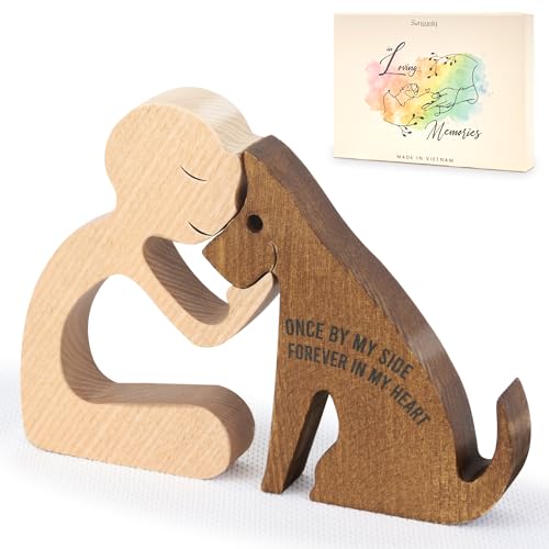 SENSUNIQ Dog Memorial Gifts, Handcrafted Wooden Carving Men and Pet Figura, Once by My Side Forever in My Heart, Sympathy Keepsake for Loss of Pet (Man with Dog) - color: Man With Dog