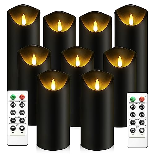 kakoya Flickering Flameless Candles, Battery Operated Plastic LED Pillar Candles with Remote Control and Timer, Set of 9 (Black) - color: Black