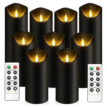 kakoya Flickering Flameless Candles, Battery Operated Plastic LED Pillar Candles with Remote Control and Timer, Set of 9 (Black) - color: Black