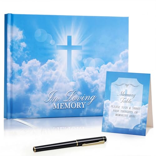 Funeral Guest Book for Memorial Cross Pattern Blue Sky | for Funerals Elegant Celebration of Life and Loving Memorial Guest Book Complete with Pen and Table Sign - color: Blue Sky Cross