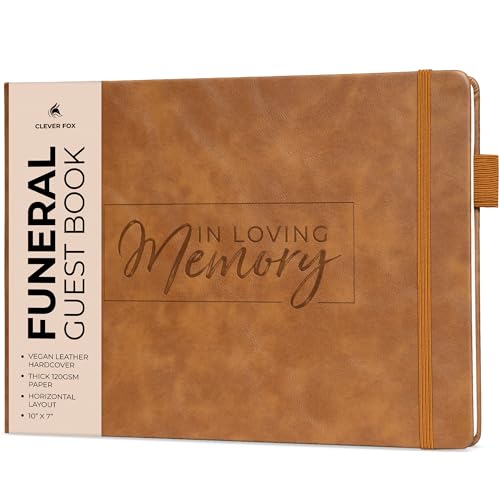 Clever Fox Funeral Guest Book for Memorial Service w/Address, Brown | 10x7 in, 120 pages, Eco leather hardcover, Personalized celebration of life guestbook, Memory book & condolence register - color: Brown