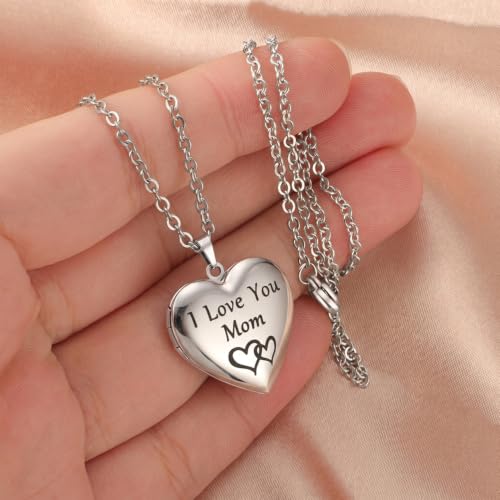 PHOCKSIN Personalized Locket Necklace for Women Photo Necklace with Customized Picture Birth Flower Birthstone Customizable Birthday Gifts - color: #12 Heart Silver Mom