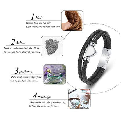 Oinsi Heart Urn Bracelet for Ashes, Cremation Jewelry Leather Bracelets for Men Women, Memorial Jewelry With Filling Kits - color: Silver-22cm