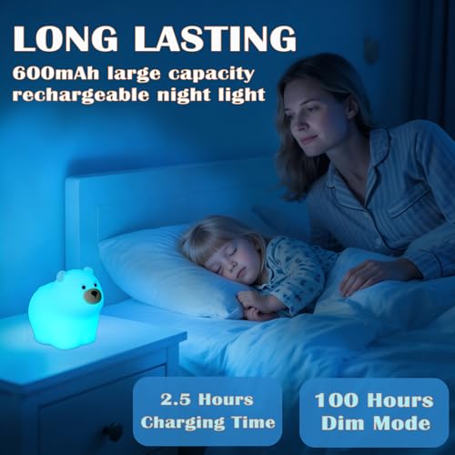 Polar Bear Night Light, Bear Gifts, Cute Soft Silicone Squishy LED Lamp with 7 RGB Colors, Dimmable, Timer, Touch Control, Kids' Bedroom Decor - style: Polar Bear
