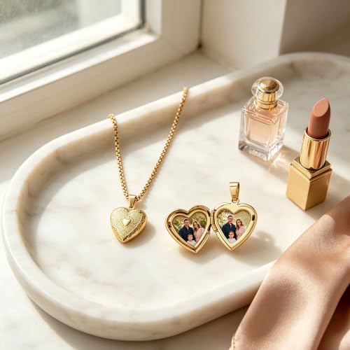 Stainless Steel Photo Locket Necklace for Women, 3mm Box Chain, Personalized Picture Holder Pendant, Waterproof Hypoallergenic Sentimental Jewelry Gift - color: Lace Edge Heart Gold