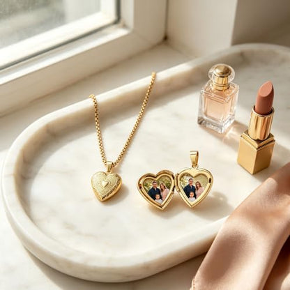 Stainless Steel Photo Locket Necklace for Women, 3mm Box Chain, Personalized Picture Holder Pendant, Waterproof Hypoallergenic Sentimental Jewelry Gift - color: Lace Edge Heart Gold