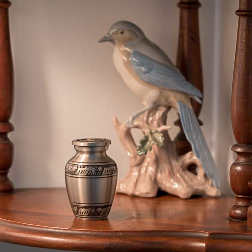 Feather Band Keepsake Cremation Urn for Ashes in Pewter, Brass, Gray Silver Urn, Keepsake Sized Cremation Urn, 2.75 Inches High - color: Feather Band