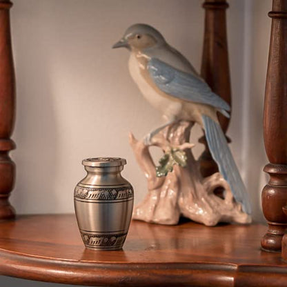 Feather Band Keepsake Cremation Urn for Ashes in Pewter, Brass, Gray Silver Urn, Keepsake Sized Cremation Urn, 2.75 Inches High - color: Feather Band