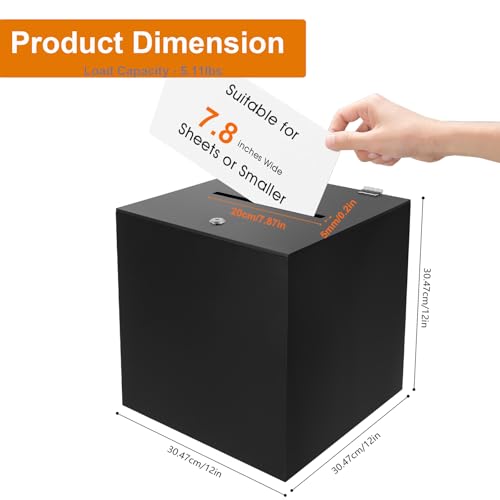 Acrylic Donation Box, 12" X 12" X 12" Ballot Suggestion Box with Lock & 2 Keys, Raffle Voting Box with Slot for School Conference Fundraising (Black) - color: Black, size: 12" X 12" X 12"