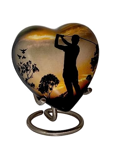 Classic Heart Shape Keepsake Aluminum Urn for Human Ashes – with Box and Stand - Peaceful Golfer Design 7 cms high Handmade Product for Tribute Your Love Once Dimension 7x7x3.5 cms