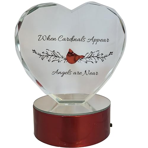 Cardinal Memorial LED Crystal Heart – When Cardinals Appear Angels are Near – Light Up Sympathy Gift – Bereavement Keepsake for Loss of Loved One – Funeral Remembrance Décor 5.25" x 4"