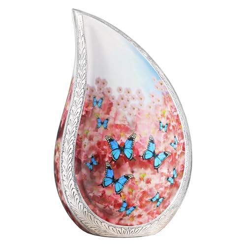 NANIURN Urns for Human Ashes, Blue Butterfly Pink Flower Large Teardrop Urn | Cremation Urns for Adult Ashes, Full Size Adult Urns for Women or Men, Funeral, Burial, Home, Niche or Columbarium Memorial - color: Pink, size: Large / Adult
