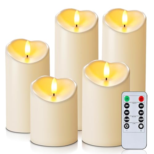 Homemory Outdoor Waterproof Flameless Candles, LED Candles, Battery Operated Candles with Remote and Timers, Electric Fake Plastic Pillar Candles, Dark Ivory, D3 H4 5" 6" 8" 8", Set of 5 - color: Dark Ivory, size: D3"xH4"5"6"8"8"
