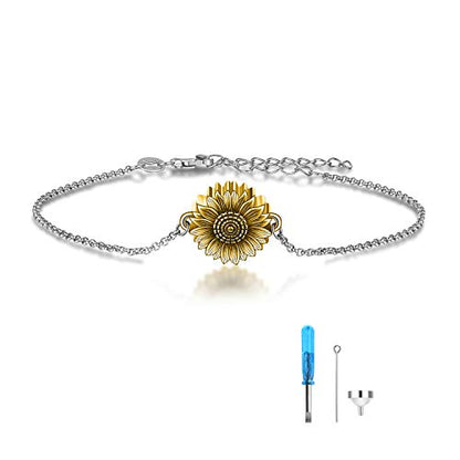 ONEFINITY Sunflower/Tree of Life Urn Bracelet for Ashes 925 Sterling Silver Sunflower/Tree of Life Cremation Keepsake Pendant Locket Bracelet for Women Mom - style: Gold Plated Sunflower Urn Bracelet