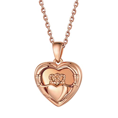 Bestyle Sterling Silver Heart Locket Necklace for Women, Dainty Cute Small Heart Locket Pendant in Gold/Rose Gold/Silver, Love Statement Jewelry Gift for Mother Wife - color: C1. Claddagh-Rose Gold-Locket Only, NO Custom