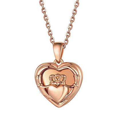Bestyle Sterling Silver Heart Locket Necklace for Women, Dainty Cute Small Heart Locket Pendant in Gold/Rose Gold/Silver, Love Statement Jewelry Gift for Mother Wife - color: C1. Claddagh-Rose Gold-Locket Only, NO Custom