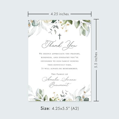 Greenery White Floral Funeral Thank You Cards with Cross | Personalized Sympathy Acknowledgement, 4.25x5.5 Flat Bereavement Notes, Includes Envelopes - color: Greenery White Floral