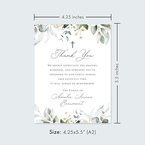 Greenery White Floral Funeral Thank You Cards with Cross - color: Greenery White Floral