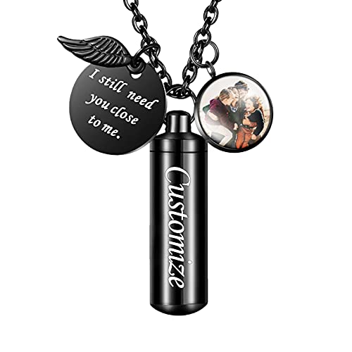 abooxiu Cylinder Urn Necklace for Ashes Cremation Jewelry/Keychain for human Pet Stainless Steel Memorial Keepsake Pendant with Angel Wing Charm Ashes - color: Photo Engraving