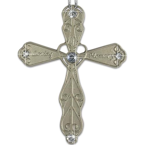BANBERRY DESIGNS Sympathy Cross Ornament In Loving Memory, Bereavement Cross Gift for Loss of Loved One, Filigree Heart Shaped Jeweled Metal Memorial Hanging Ornament, 3.5 Inch