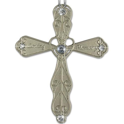 BANBERRY DESIGNS Sympathy Cross Ornament In Loving Memory, Bereavement Cross Gift for Loss of Loved One, Filigree Heart Shaped Jeweled Metal Memorial Hanging Ornament, 3.5 Inch