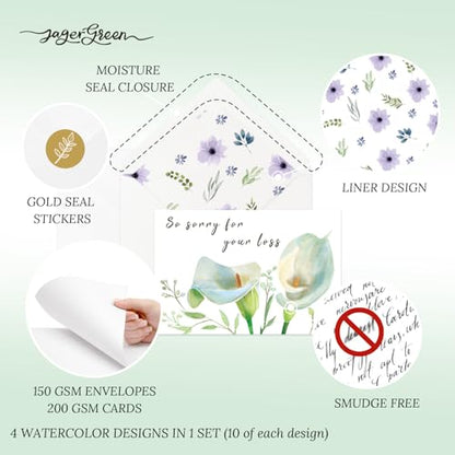 40 Pack 4x6 Floral Sympathy Cards with Envelopes Bulk | for Loss of Loved One, 4 Designs Thinking of You Cards Assortment with Sticker for Get Well, Condolence, Bereavement, All Age