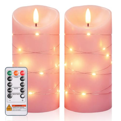 Homemory Flameless Candles with String Lights, 2 Pack Embedded Fairy String Lights LED Candles, Electric Flickering Candles with Remote Control and Timer, Real Wax, Pink - color: Pink, 2Pack