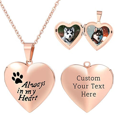 Personalized Heart Locket Necklace for Women with Picture Custom Inside Engraved Text Silver/Gold/Rose Gold Photo Locket Stainless Steel Memorial Gifts for Mom Daughter Grandmother - color: D3: Always in my heart (Rose Gold)