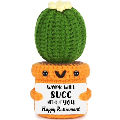 Retirement Gifts for Coworker Boss Women Men, Funny Handmade Cactus Crochet Desk Decor for Woman Friends Teacher, 2026 Happy Retirement Party Decoration, Best Retired for Mom Nurse Leaving Goodbye - style: Happy Retirement